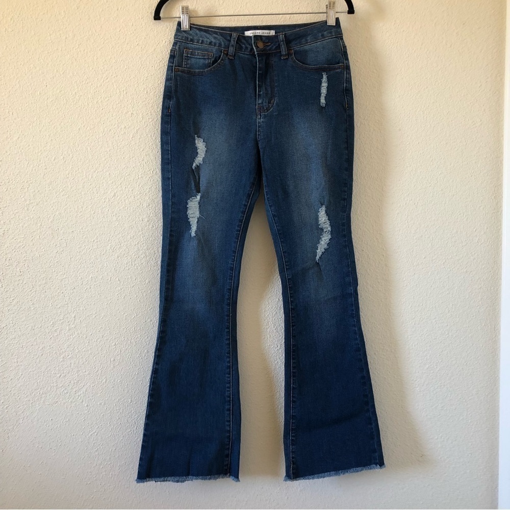Encore Jeans Blue Distressed Flare Bellbottom Women Size 7